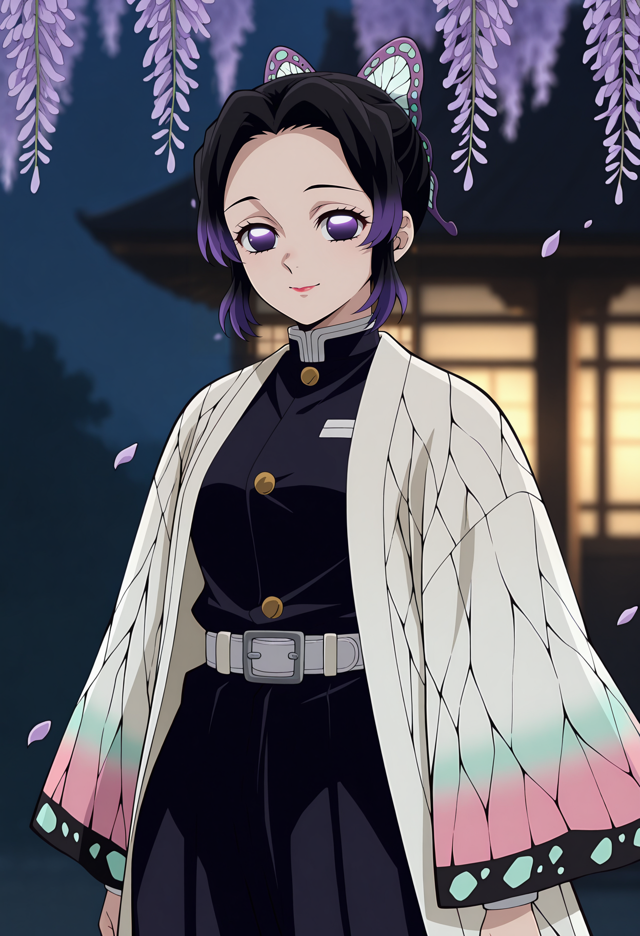 anime screencap, masterpiece, best quality,
<lora:KimetsuNoYaiba_KochouShinobu_IlluXL:0.9>,
1girl, solo, closed mouth, light smile,
short hair, forehead, multicolored hair, black hair, purple hair, purple eyes, butterfly hair ornament, red lips,
white haori, butterfly print, black jacket, wide sleeves, buttons, white belt, puffy pants, black pants,
standing, looking at viewer, cowboy shot,
outdoors, blurry background, photo background, night, wisteria, falling petals