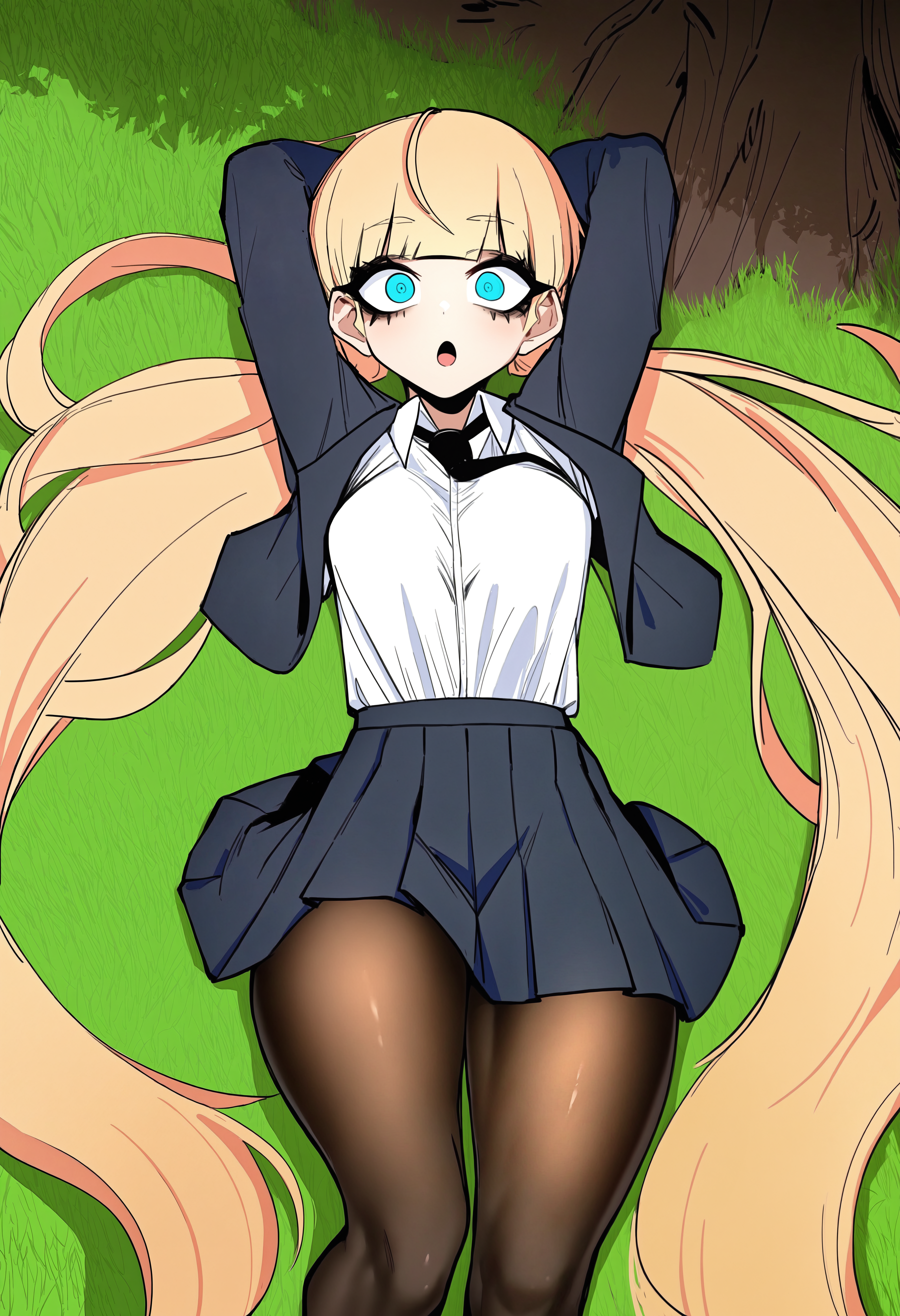 1girl, solo, jdotkdot5, blue eyes, school uniform, pleated skirt, tented shirt, long sleeves, blazer, pantyhose, from above, small breasts, necktie, thick thighs, :o, laying, on back, grass, outdoors, tree, arms_behind_head, looking at viewer, blonde hair, twintails, absurdly long hair, masterpiece, best quality, newest, absurdres, highres