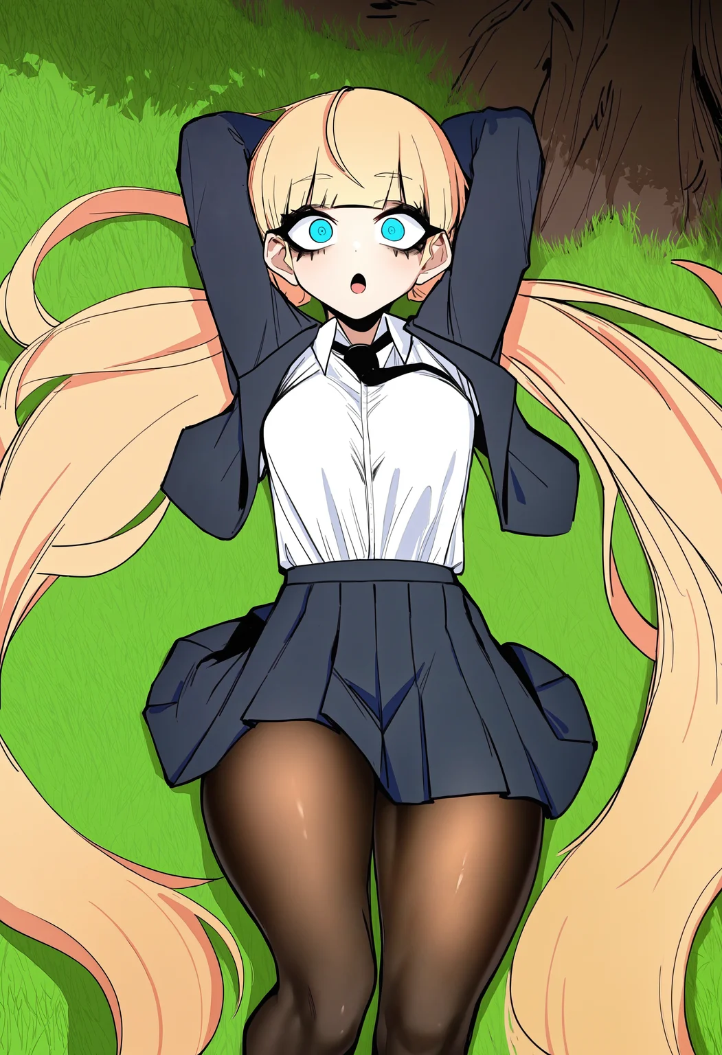 1girl, solo, jdotkdot5, blue eyes, school uniform, pleated skirt, tented shirt, long sleeves, blazer, pantyhose, from above, small breasts, necktie, thick thighs, :o, laying, on back, grass, outdoors, tree, arms_behind_head, looking at viewer, blonde hair, twintails, absurdly long hair, masterpiece, best quality, newest, absurdres, highres