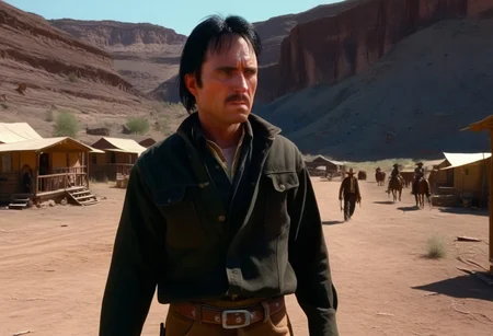 cinematic film still, lifestyle shot
saturated colors,  
negative space, 
1 adult man, 
RDR2John, black hair, brown eyes, facial hair
(breaking bad style), face of Jessie Pinkman, short hair, fair complexion, casual dress code, solo male focus
leading lines, ray tracing, 
backdrop is a cowboy camp in 1899, 10am.