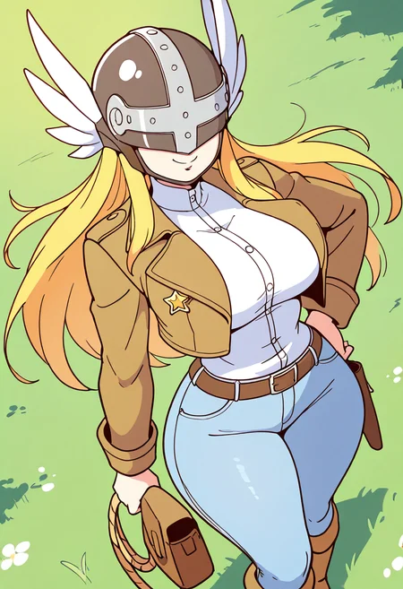 masterpiece, best quality, solo, curvy, beautiful eyes, narrow waist, wide hips, 1girl, solo, smile, looking at viewer, dynamic angle, foreshortening, close up,     zzange, blonde hair, covered eyes, helmet, long hair,  ,<lora:AngewomonDigimonCSV_IXL_v1:0.4>, [Prairie Ranch Deputy], star-shaped deputy badge, suede jacket with fringe, button-up plaid shirt, leather vest, boot-cut jeans, leather belt with buckle, lasso holstered at hip, worn riding gloves, spurred boots, stitched saddlebag, wild prairie field, vigilant stance,