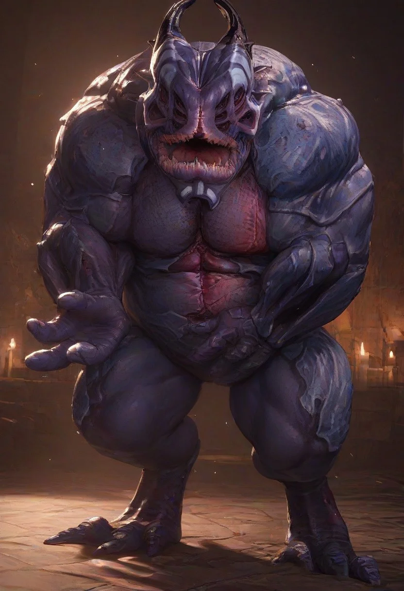 score_9, score_8_up, score_7_up, 1boy, Yahg,
alien monster, four pairs of eyes, triangular mouth, sharp teeth, two large horns,
scaly armored skin, large muscular body, giant body,
three fingers, two fingers and one thumb, three toes, solo,
multicolored skin, grey skin, purple skin, white facial tattoo,
perfect detailed hands, soft lighting, subsurface scattering,