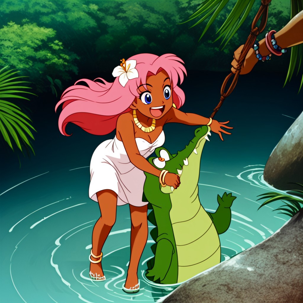 Tick tock crocodile,male animal focus,tail, crocodile open large mouth ,green skin, blue eyes, Tick Tock the crocodile is giant and very huge size,teeth, swimming in water,partially submerged,Tick Tock the crocodile looking at a young girl who she is standing on a tree branch hanging high up. Little_Girl_anime_manga,long hair,pink hair, dark-skinned female,the girl her very smal size, purple eyes, ancient tropical_clothe, chest_band,red very long_dress, jewelry, dark skin, smile, necklace,hair flower, bracelet, anklet, barefoot,open mouth,river,palm trees, jungle,view from above, Disney, waterfall,anime, manga