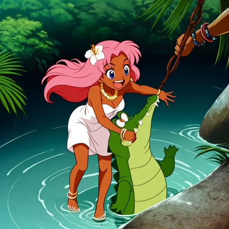 Tick tock crocodile,male animal focus,tail, crocodile open large mouth ,green skin, blue eyes, Tick Tock the crocodile is giant and very huge size,teeth, swimming in water,partially submerged,Tick Tock the crocodile looking at a young girl who she is standing on a tree branch hanging high up. Little_Girl_anime_manga,long hair,pink hair, dark-skinned female,the girl her very smal size, purple eyes, ancient tropical_clothe, chest_band,red very long_dress, jewelry, dark skin, smile, necklace,hair flower, bracelet, anklet, barefoot,open mouth,river,palm trees, jungle,view from above, Disney, waterfall,anime, manga