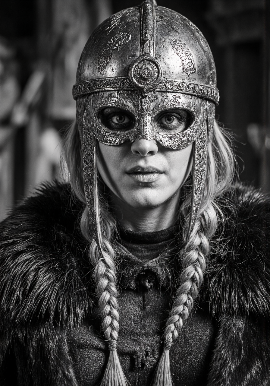 high-contrast black-and-white photograph of a fierce, warrior-like woman, likely inspired by Viking or Norse mythology. She has long, braided hair cascading over her shoulders and down her back. Her face is partially obscured by a metallic, ornate helmet that covers her forehead and eyes, adorned with intricate patterns and a prominent circular design. The helmet has a visor that casts shadows over her eyes, giving her an intense, focused expression. Her skin is pale, and she wears a dark, fur-lined cloak over her shoulders, adding a rugged, medieval texture to her attire. She has a stern, determined look, with her lips pressed together and her eyes focused intently on the viewer. The background is out of focus, creating a dramatic effect that emphasizes the subject. The overall tone of the image is dark and moody, with a sense of strength and resilience exuded by the warrior woman. The photograph captures the essence of ancient, fierce warriors, with a focus on detail and texture., aidmamjv7 <lora:aidmaMJv7-FLUX-v0.1:0.8>