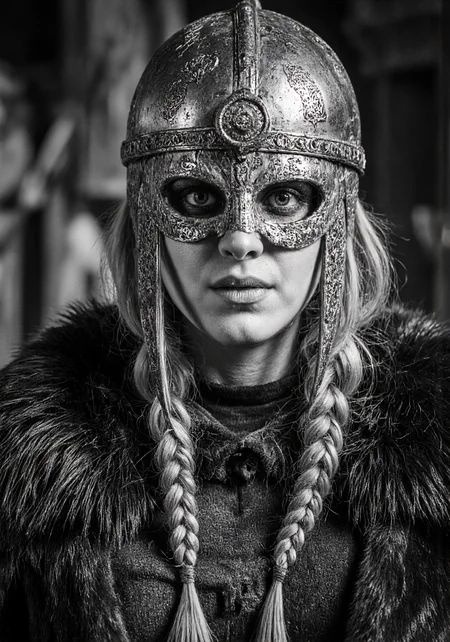 high-contrast black-and-white photograph of a fierce, warrior-like woman, likely inspired by Viking or Norse mythology. She has long, braided hair cascading over her shoulders and down her back. Her face is partially obscured by a metallic, ornate helmet that covers her forehead and eyes, adorned with intricate patterns and a prominent circular design. The helmet has a visor that casts shadows over her eyes, giving her an intense, focused expression. Her skin is pale, and she wears a dark, fur-lined cloak over her shoulders, adding a rugged, medieval texture to her attire. She has a stern, determined look, with her lips pressed together and her eyes focused intently on the viewer. The background is out of focus, creating a dramatic effect that emphasizes the subject. The overall tone of the image is dark and moody, with a sense of strength and resilience exuded by the warrior woman. The photograph captures the essence of ancient, fierce warriors, with a focus on detail and texture., aidmamjv7 <lora:aidmaMJv7-FLUX-v0.1:0.8>