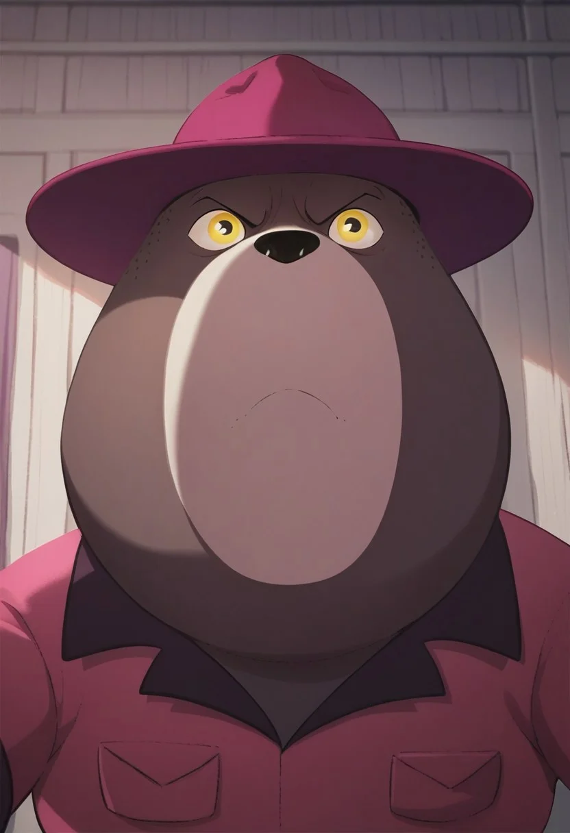 score_7_up, score_8_up, score_9, Bear, brown fur, yellow eyes, male, freckles, chubby, Pink hat, pink military shirt,face focus, face shot