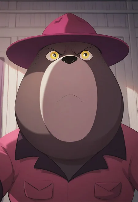 score_7_up, score_8_up, score_9, Bear, brown fur, yellow eyes, male, freckles, chubby, Pink hat, pink military shirt,face focus, face shot