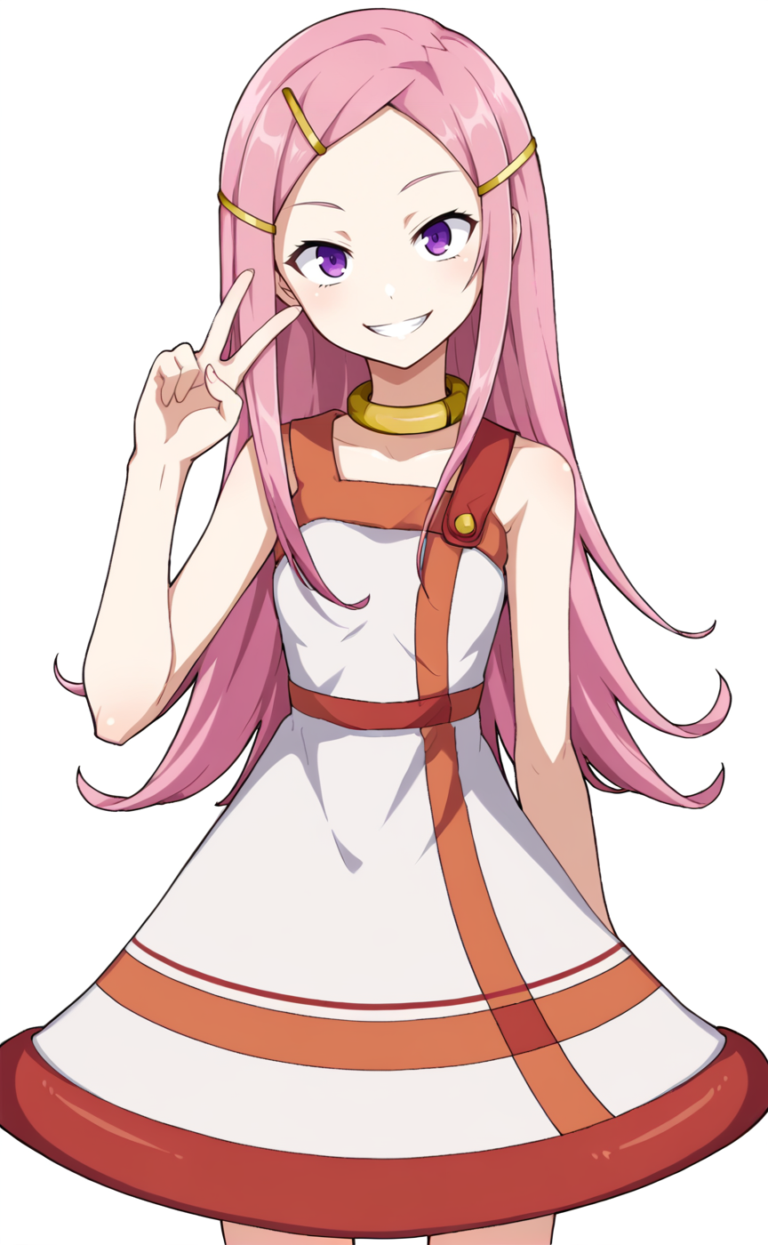 <lora:Anemone - Eureka Seven v2-000005:1>, 1girl, solo, Anem0n3, hair ornament, hairclip, pink hair, purple eyes, long hair, collar, dress, smile, v, standing, looking at viewer, simple background, white background, legs, cowboy shot,