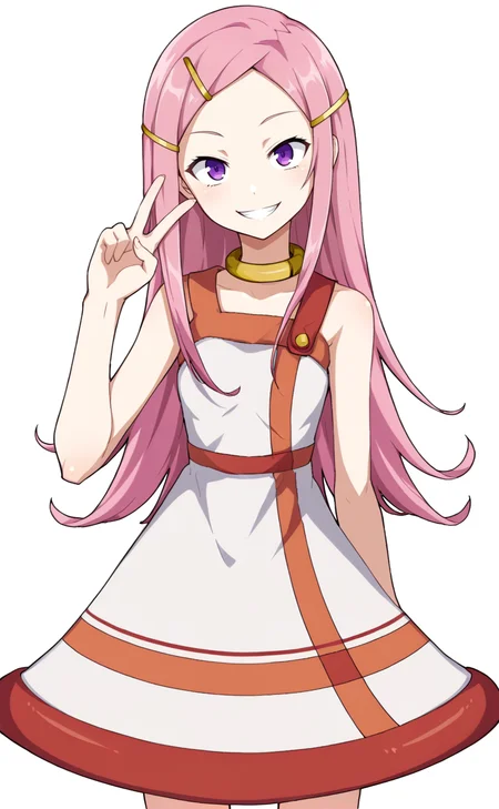 <lora:Anemone - Eureka Seven v2-000005:1>, 1girl, solo, Anem0n3, hair ornament, hairclip, pink hair, purple eyes, long hair, collar, dress, smile, v, standing, looking at viewer, simple background, white background, legs, cowboy shot,