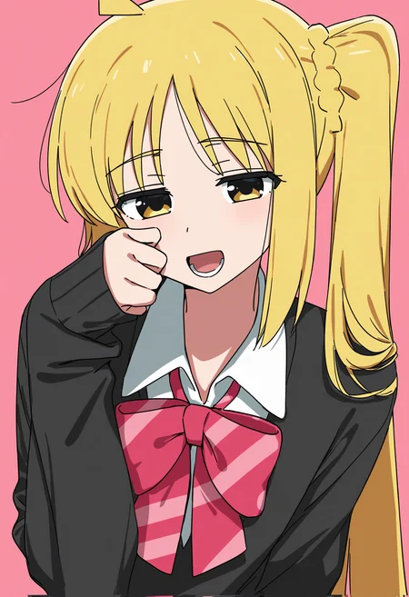 1girl, ijichi nijika,
channelstyle, blonde hair, solo, bow, side ponytail, pink background, looking at viewer, shirt, long hair, collared shirt, long sleeves, yellow eyes, bowtie, white shirt, simple background, open mouth, red bow, ahoge, striped clothes, school uniform, diagonal-striped bow, cardigan, striped bow, hand on own face, upper body, pink bow, striped bowtie, lower teeth only, hand on own cheek, sleeves past wrists, pink bowtie, smile, diagonal-striped clothes, black cardigan, teeth,
masterpiece, best quality
<lora:ChannelStyle-RASF-000100:1>