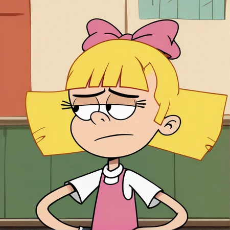 score_9, score_8, score_7, 1girl, solo, loudstyle, the loud house, break, helga g pataki (hey arnold), blonde hair, bow, hair bow, pink bow, bangs, blunt bangs, pink dress, white shirt, <lora:loudstyle:1>, <lora:helga-g-pataki-ponyxl-003:0.7>,