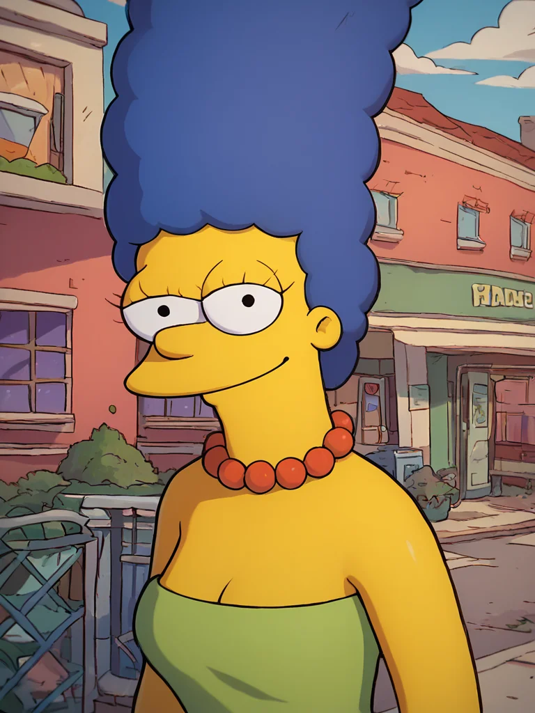 <lora:MargePony1.0:0.95> marges, blue hair, 1girl, solo, yellow skin, pearl necklace,strapless, green dress, smile, score_9, score_8_up, score_7_up, score_6_up, score_5_up, score_4_up, looking at viewer,outdoors, portrait, upper body, <hypernet:FastNegativeV2:1> <hypernet:badhandv4:1> zPDXL flat color,