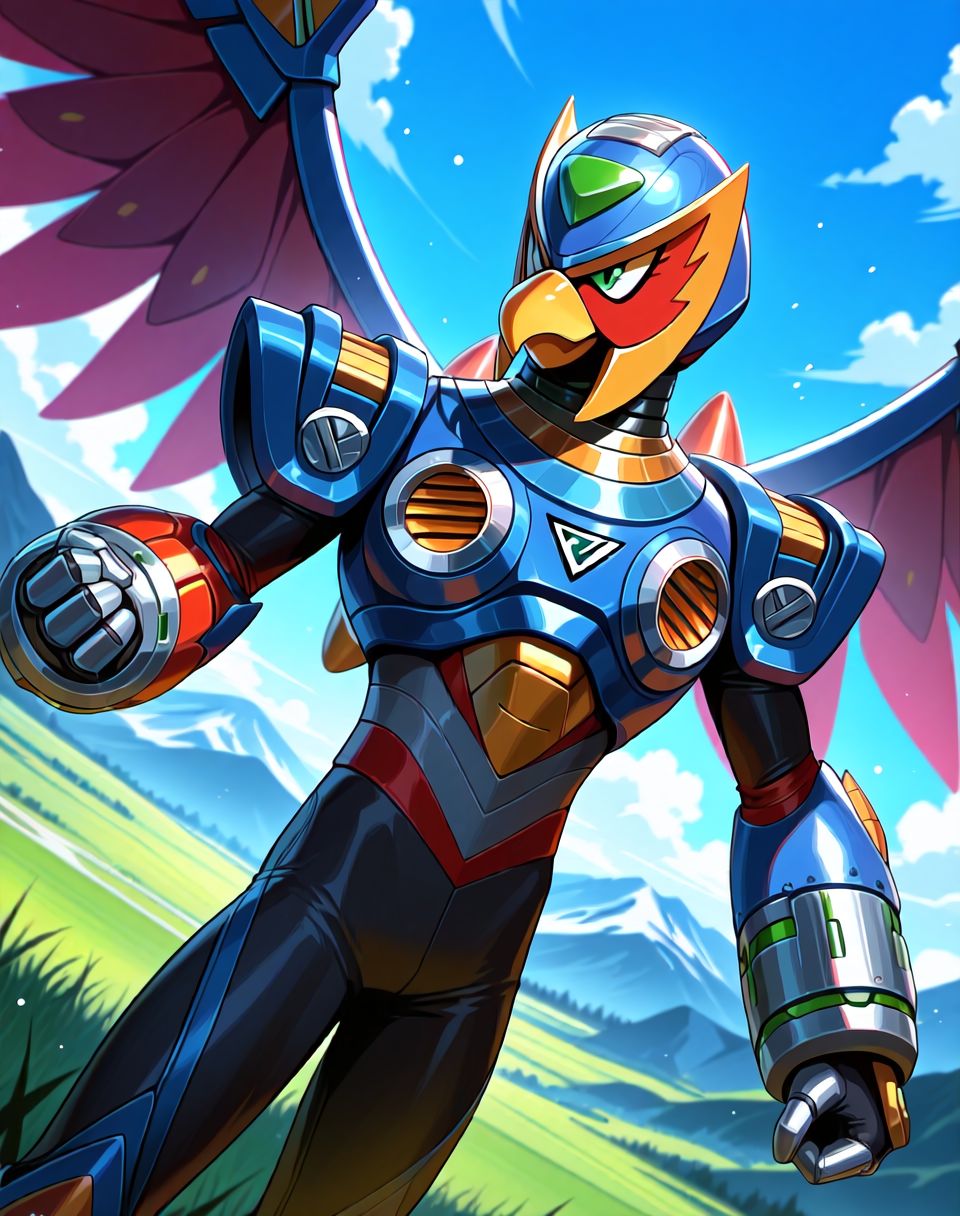 <lora:Storm_Eagle_(Mega_Man_X)_(Illustrious)_(AD):1.35> Storm Eagle, reploid, MMX, 
((
exterior, blue sky with clouds, mountain valley, grassy valley, soft detailed light colored anime background, 
dutch angle, dynamic action, cowboy shot, perfect depth of field shot, 
):1.5), 
male focus, intense shadows, dynamic shadows, intricate details, attention to details, gradient coloring, robot, beak, bright vivid colors, deep metallic colors, glossy metal body, wings, fighting stance, smile, logo on chest, 
BREAK very awa, masterpiece, best quality, amazing quality, very aesthetic, highres, absurdres, 
EZRealPONYXL, zPDXL, Smooth Quality, lazynsfw,