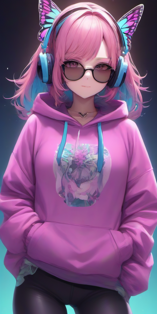 Masterpice,High Quality,portrait,anime,
 <lora:PE_ButterflyLady:0.7> PEButterflyLady, 
wearing a hoodie,headphones,sunglasses,