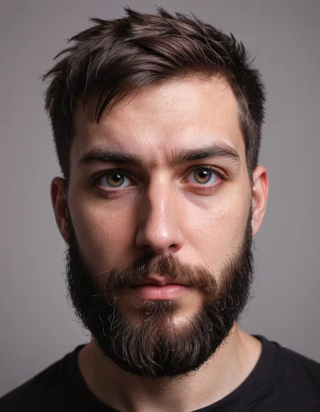 realistic face of a Twitch streamer, in front of plain wall, looking into camera, reflection of ring light in eyes, big beard, short cut hair