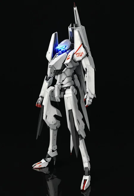 Tsugumori, mecha, no humans, shield, solo, weapon, science fiction, glowing, gun, standing, glowing eye, holding shield, holding, one-eyed, holding gun, mobile suit, holding weapon