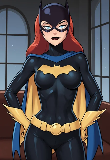 safe_pos, PonyXLV6_Scores BREAK ((parody), perfect anatomy, perfect eyes, cowboy shot), <lora:add_details_xl:0.8> BREAK barbara gordon, long hair, red hair, blue eyes, raised eyebrow, flirting, ((looking at viewer)), mask, superhero, bodysuit, cape, gloves, belt, curvy, toned, athletic, sexually suggestive pose, standing, hands on hip, indoors