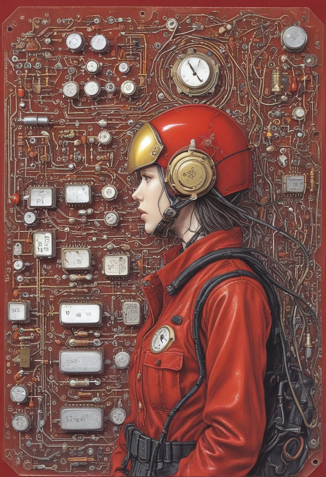 Blame by Tsutomu nihei, realistic, portrait, red girl, helmet, clock, english text, cables everywhere, electronics, gold plated, scenery, easynegative, deepnegative_v1_75t