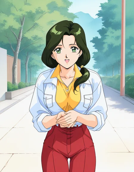 general,highres, ultra-detailed,very aesthetic,best quality ,best hands,  BREAK <lora:Sakurai_Sensei_IS:1>Sakurai_Sensei, 1girl,solo, dark green hair, long hair, green eyes, large breasts, low ponytail, lips,1990s (style), anime coloring, BREAK,
smile,looking at viewer, cowboy_Shot, open mouth, closed jacket, button,
down arms,
Yellow shirt, white jacket, red pants, long pants,
outdoor, day,, general,highres, ultra-detailed,very aesthetic,best quality ,best hands,  BREAK