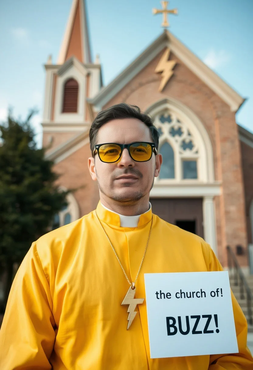 Man wearing yellow tinted glasses and a yellow priest uniform in front of church like building which has a gold lightning bolt symbol on its spire roof, he is wearing golden lightning bolt symbol necklace prominently visible, he is holding sign with text "Please donate to the church of BUZZ!". No cross symbol.