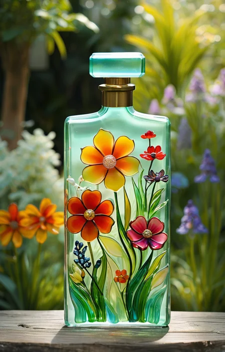 masterpiece,best quality,<lora:tbh372-sdxl:0.6>,illustration,style of Fused glass A bottle of perfume in garden