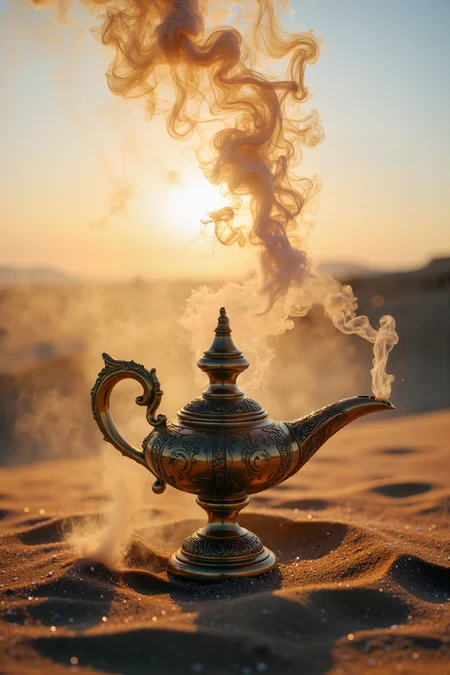 an ancient, brass genie lamp sits half-buried in shifting desert sands. From its spout, plumes of swirling, multicolored smoke emerge, transforming into ethereal, otherworldly shapesâdragons, birds, and nebulous figures. The sun dips below the horizon, casting long shadows and bathing the scene in a warm, golden glow. Around the lamp, the sand glistens with tiny, iridescent particles that seem to float in the air, catching the last rays of sunlight. The lamp itself is heavily detailed, with ornate carvings and a soft, weathered sheen. The textures of the polished brass, the flowing smoke, and the grainy sand come together to create a tactile, dreamlike atmosphere.<lora:aidmaMJ6.1-FLUX-V0.1:0.6><lora:Movie_Portrait><lora:Flux DetailerV2>