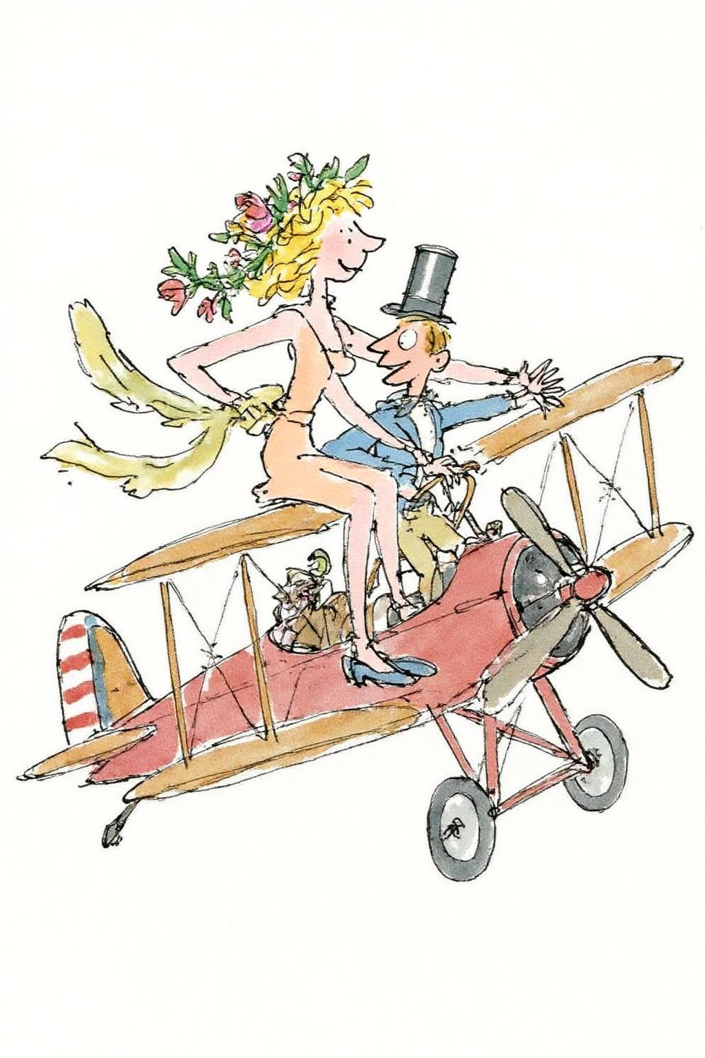 qub1 illustration. 
A romantic scene of a couple on a vintage biplane. The woman, in the foreground, is a stylish woman with curly blonde hair adorned with a flower garland and wearing a light, flowing, peach-colored dress with a wide belt, a matching hat, and gloves. The man is piloting the biplane with his hands firmly on the steering wheel. <lora:qub1_cap_d6a3e12:1.0><lora:826986233617139480:0>