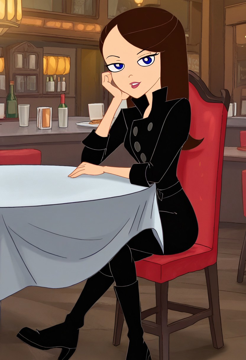 VanDoof,blue eyes, black jacket, black pants,sitting on chair, crossed legs, boots,looking at viewer,restaurant,perfect hands