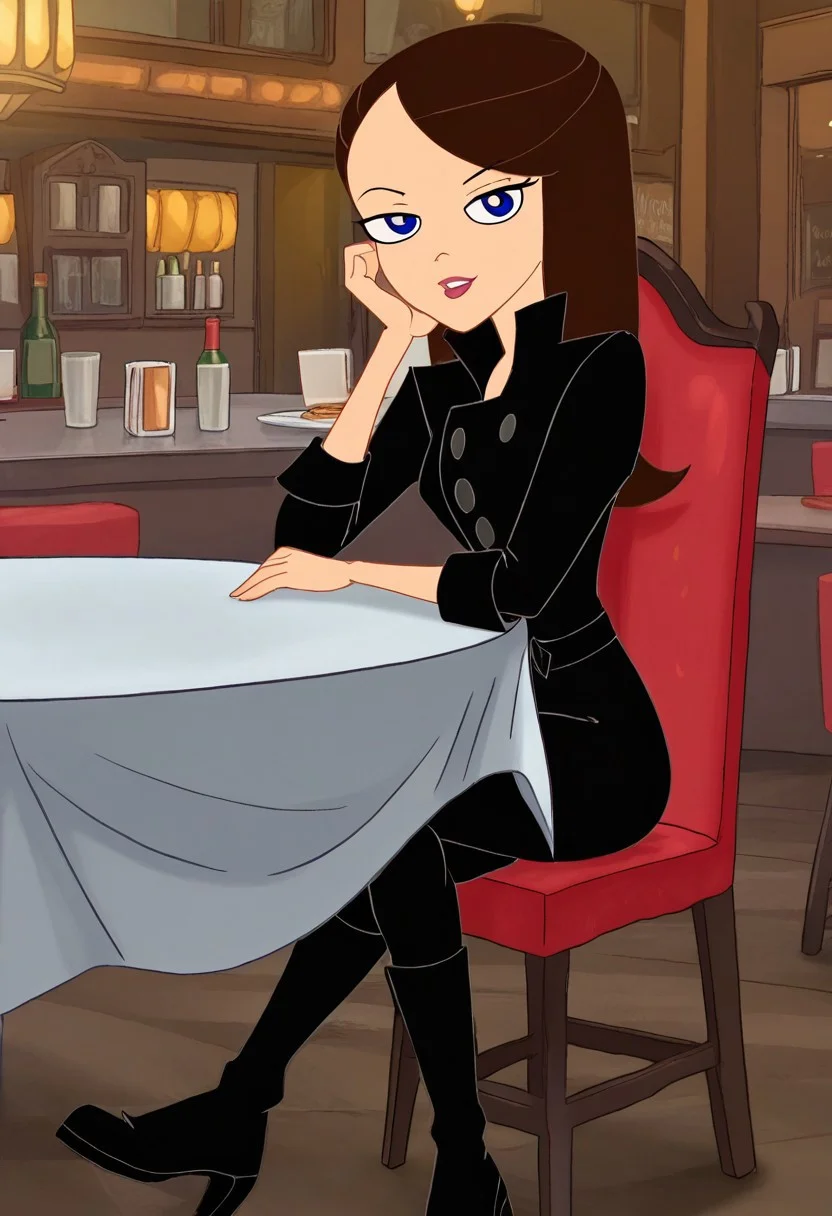 VanDoof,blue eyes, black jacket, black pants,sitting on chair, crossed legs, boots,looking at viewer,restaurant,perfect hands