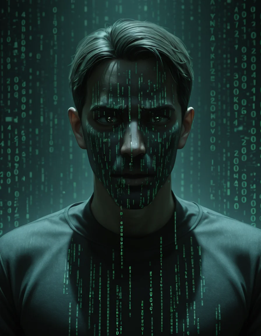 hyperrealistic art detailed, mmatrix-style, silhouette, code, text focus, glitch, digital dissolve, 1boy . extremely high-resolution details, photographic, realism pushed to extreme, fine texture, incredibly lifelike
