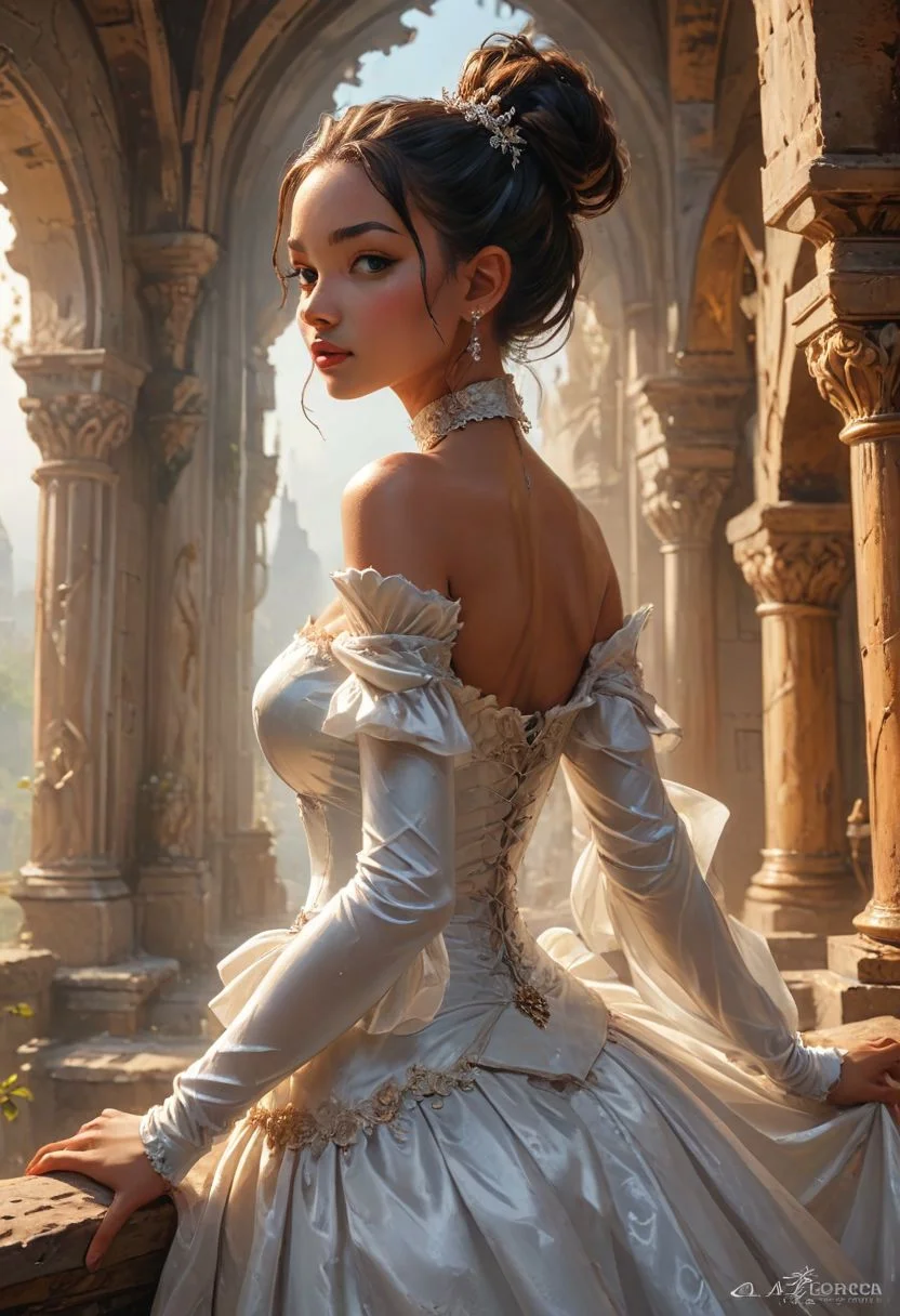 unique perspective, unique angle, comic book angle and perspective, renaissance, portrait, intricate details, hyper-detailed, hyper-realistic, cinematic, depth of field, volumetric light, translucency, concept art, 
Tiana, hair bun, African woman, dark skin,  female, castle, strapless dress, white dress, long skirt, princess, necklace, elbow gloves, tiara
cleavage, bursting breasts, skindentation,( breasts pushed up:1.5), (Breasts pushed together:1.5) 
(30 years old:1.4), Milf, square jaw line, cheekbones, 
Supermodel
Makeup,
Fake Eyelashes,
fleshy big lips,
slender waist, 
long legs,
The art draws inspiration from NijiExpress 3D, abstract techniques, AirBrush effects, Decorative details, 64k resolution, popularized on Artstation, Clayton Crain, Andrea Kowch, Daniel G. Gerhartz, Karol Bak, Luis Royo, Andrew Yang, Boris Vallejo, Richard Corben, Simon Beasley