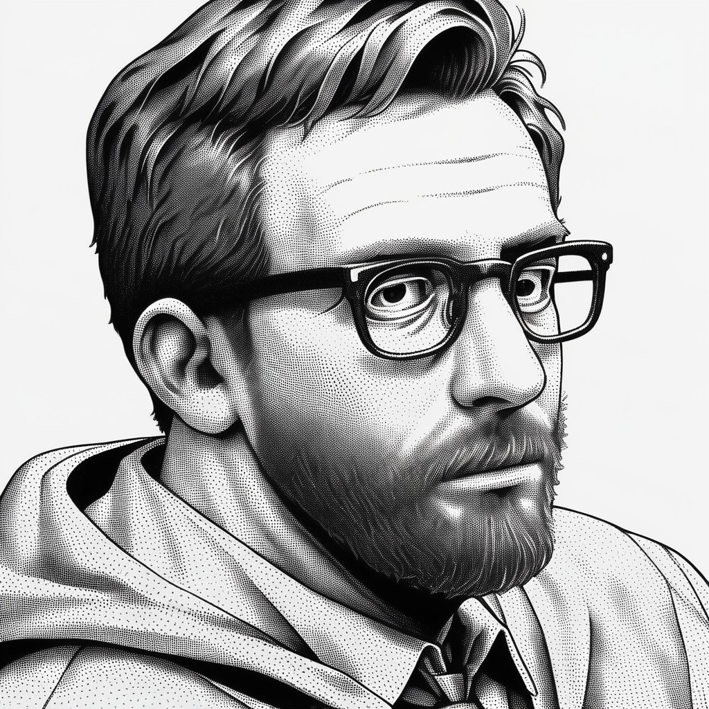 score_9, score_8_up, score_7_up, 1boy, glasses, solo, male focus, beard, facial hair, white background, hood, simple background, upper body, halftone, stippling, stippling drawing, stippling style, dot art style, monochrome shading, halftone effect, monochrome, greyscale, stippling, stippling drawing, stippling style