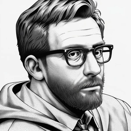 score_9, score_8_up, score_7_up, 1boy, glasses, solo, male focus, beard, facial hair, white background, hood, simple background, upper body, halftone, stippling, stippling drawing, stippling style, dot art style, monochrome shading, halftone effect, monochrome, greyscale, stippling, stippling drawing, stippling style