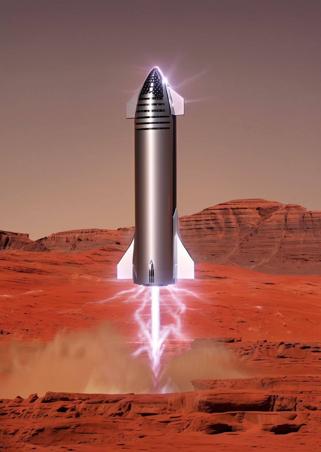 Medium shot of A shiny silver Starship venting white steam on the surface of Mars with landing legs, background Mars rovers, high tech, orange Martian dusk landscape, (photorealistic:1.3), dusty, mountain range, science fiction, hyperrealism, brown sky, (pointy shiny silver rockets):0.8, red and white mushrooms dotting the terrain, Extremely high-resolution details, photographic, crisp, fine texture, incredibly lifelike <lora:snowmountxl_v1:1>  <lora:Starship:1>