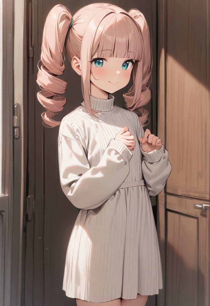 masterpiece, best quality,  1girl, solo, twin drills, twintails, blunt bangs, soft peach hair, aqua eyes, smile, long sleeves, white dress, standing, no desks
