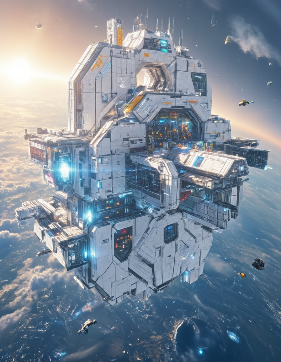 <lora:SW_Minis_3v2flux:1> A massive futuristic white space station floating above a detailed planet, with the sun setting on the horizon. The space station has a highly detailed and futurist design, featuring metallic structures with a cyberpunk city on its surface, glass, concrete, glowing blue lights, and various modules attached to its frame. Smaller spacecraft are seen flying around it, enhancing the scale and depth of the scene.
 swminis3all, anime, test3
