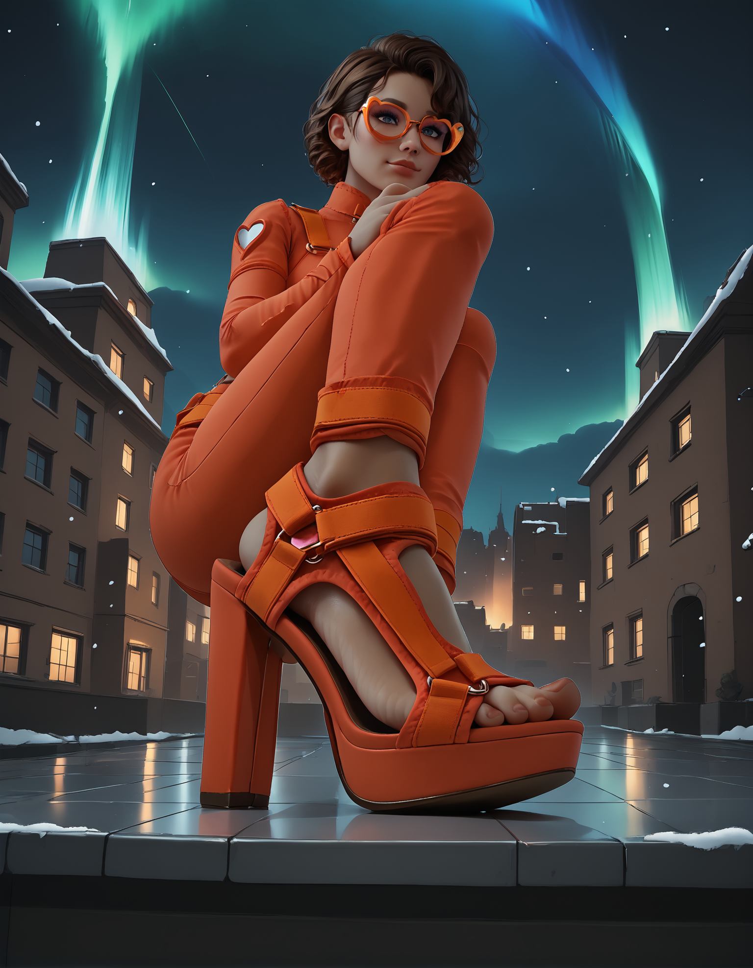 1girl, dark skin,
squatting, (rooftop:1.3), (skyline:1.2),  
from side,
red bodysuit, heart-shaped cutout, sexy attire,
brown hair, short hair, curly hair, 
(sp0rts4nd4l heels), feet, toes,
fromb elow, foot focus,
heart-shaped glasses, orange frame glasses,
snowing, aurora borealis, 
night, dark, dark background, Low-key lighting,
color grading,
embedding:zPDXL2 ,