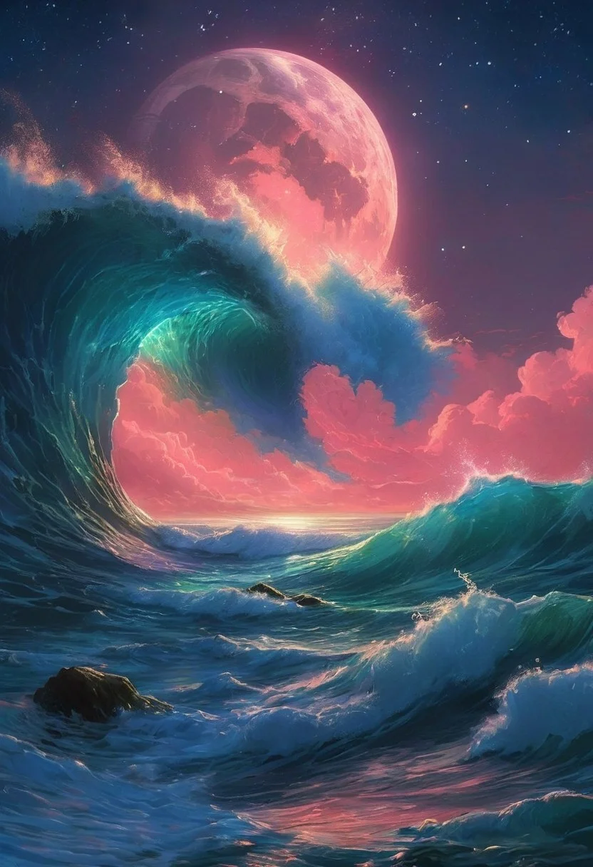 Zeen Chin Hyperrealistic style A beautiful painting of starry sky,layer upon layer of huge waves,deep blue water,pink roses of different sizes,romantic,dreamlike,moonlight,Thomas Kinkade,ultradetailed,illustration,4k,trends on Artstation,above+super wide angle,Greg Rutkowski,trends on Artstation