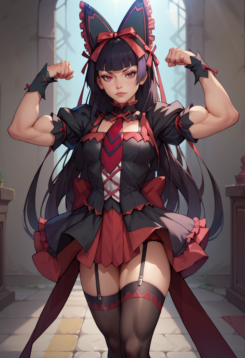 score_9, score_8_up, score_7_up,  1girl, rating_saffe 1girl, <lora:rory_mercury-PD-1.0:1>lingerie rory mercury, dress, hair ribbon, puffy sleeves, necktie, thighhighs, garter straps, flexing