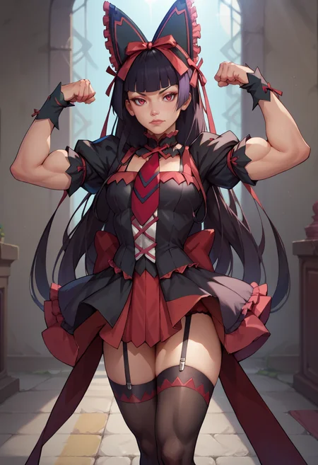 score_9, score_8_up, score_7_up, 1girl, rating_saffe 1girl, <lora:rory_mercury-PD-1.0:1>lingerie rory mercury, dress, hair ribbon, puffy sleeves, necktie, thighhighs, garter straps, flexing
