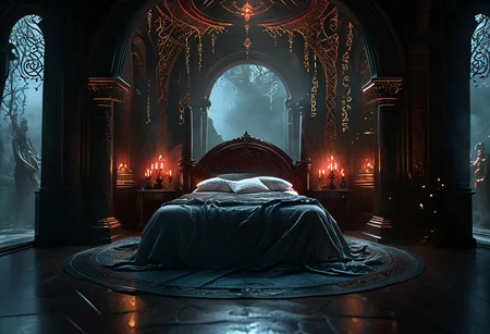 hkmagic detailed wide shot, low angle, wide shot, a celtic princesse of extraordinary beauty Eerie reality, her body covered by celtic runes bioluminescent tatoos glowing with power and magic, lying on a luxury fantasy bed in a room illuminated by candles, her body visible through a transparent golden veil covering the baldaquin bed, the bed culumns are spiraling sculppted dragon made of ivory and dark wood, red hair, naked,, mist, ciaroscuro, 8k cinematic shot, Intricate, High Detail, Sharp focus, dramatic, colorful details, intricate details,hyper realistic, ultra detailed, volumetric lighting, 8k post-production, Chiaroscuro Lighting Style, elven architecture