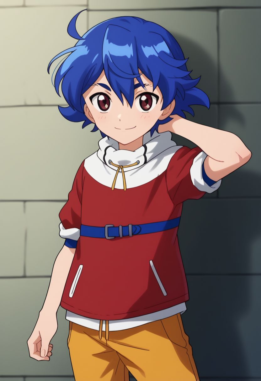 score_9, score_8_up, source_anime, highly detailed, 
riki, 1boy, solo, blue hair, short hair,  male focus,  brown eyes, hoodie,  shawl collar, red hoodie, white hoodie, two-colours hoodie, pants, yellow pants, smile, upper body, rolled up sleeves, skinny, blush, one hand behind head,
outdoor