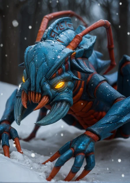 <lora:weaver_v3:0.8>weaver_v3,
no humans, pokemon (creature), monster,
yellow eyes, glowing eyes, colored sclera,
claws,
teeth, sharp teeth, fangs,
horns, spikes, antennae,
blue skin, colored skin,
arthropod limbs, extra arms, multiple legs,, score_9, score_8_up, score_7_up, score_6_up, derpibooru_p_95,
detailed eyes, beautiful, detailed background, perfect eyes,
solo,
winter, snow, snowing, glowing snowflakes, night, dark,, The scene is dynamic and filled with motion,
blur censor, blurry, blurry background, blurry foreground, bokeh, motion blur,
chromatic aberration, depth of field, figure, focused, focus
photography, realistic sun light and shadows, photorealism, UHD --ar 9:16 --style raw --stylize 700,