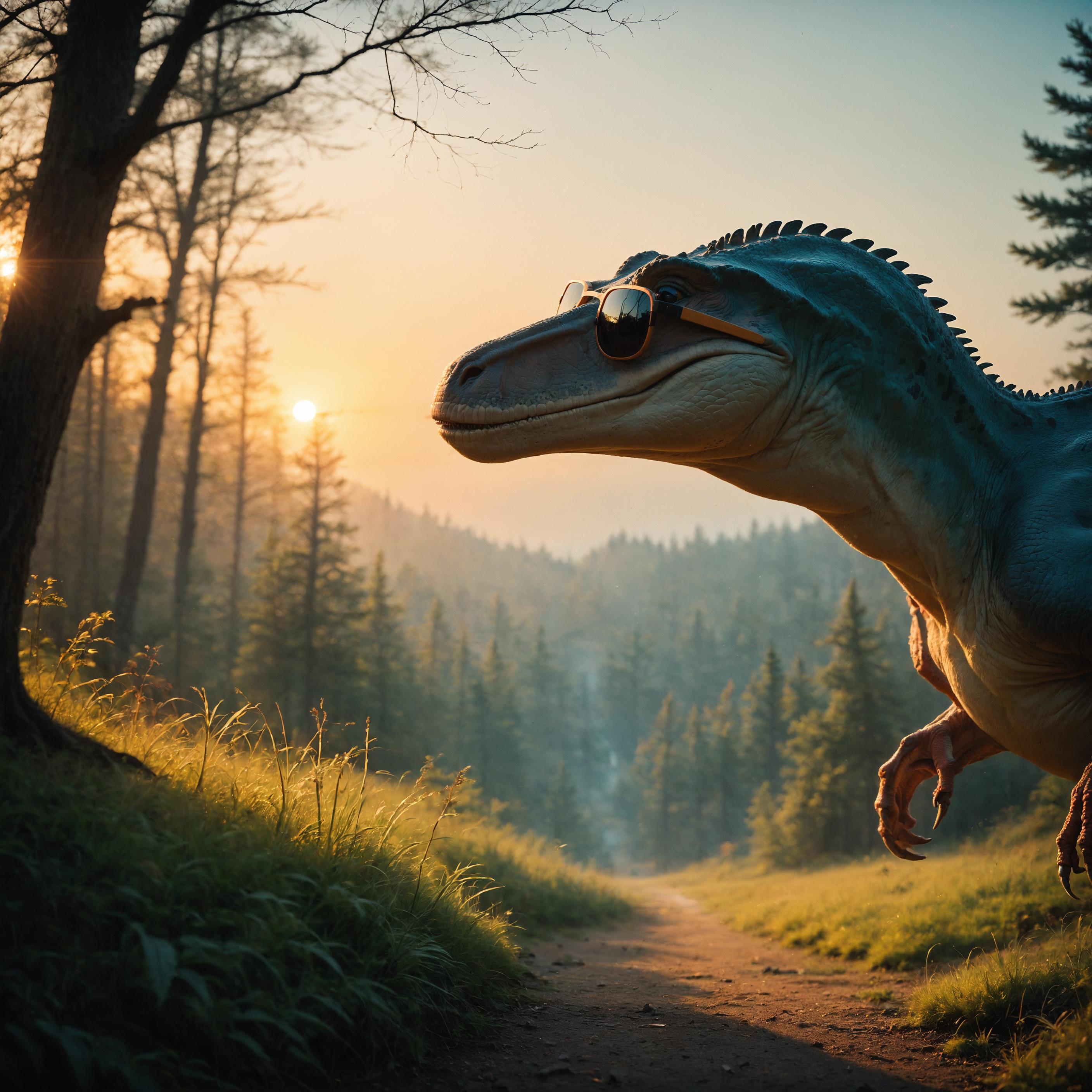 score_9, score_8_up, score_7_up, photo of  a  dinosaur, raptor, source_photo, sunglasses, trees, tall grass, sunset, volumetric lighting, depth of field, cinematic, vibrant, shadows, detailed,