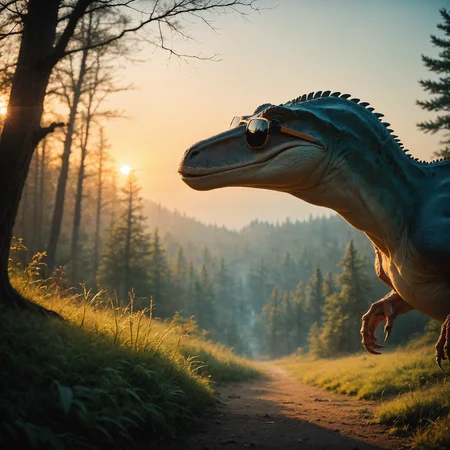 score_9, score_8_up, score_7_up, photo of  a  dinosaur, raptor, source_photo, sunglasses, trees, tall grass, sunset, volumetric lighting, depth of field, cinematic, vibrant, shadows, detailed,
