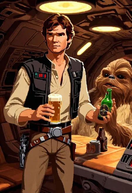 lucasarts style, a drunk Han solo is holding a glowing bottle of beer in a millennium falcon <lora:lucasarts style:1>