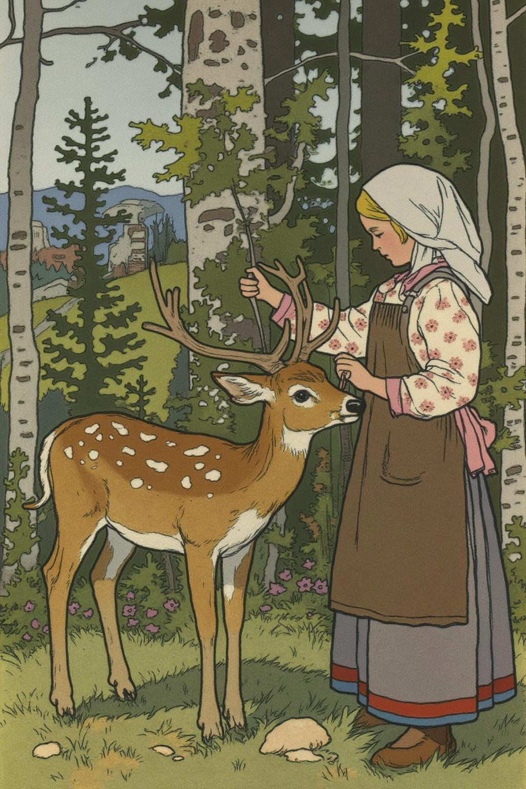 ivanbilibin1 illustration. 
A serene, forest scene with a young girl and a deer. The girl, dressed in a white pinafore dress with a pink floral pattern, a brown apron, and a white headscarf, stands on the right side of the image. She is gently holding a deer's antler, which the deer, a doe, is leaning into, suggesting a moment of interaction or connection. The doe has a soft, brown coat with white spots and is positioned on the left side of the image, standing on a patch of grassy ground.  
  <lora:ivanbilibin1_cap_d6a3:1.0><lora:835907872828276387:0>