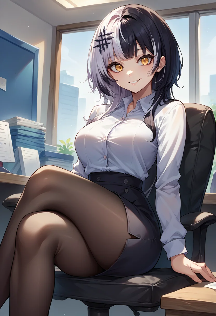 score_9, score_8_up, source_anime, 1girl, solo, ShioriNovella, split-color hair, white hair, black hair, yellow eyes, hair ornament, indoors, office lady, office chair, sitting, crossed legs, miniskirt, black pantyhose, dress shirt, smile, <lora:ChamShioriNovellaPonyXLCame-000008:1>