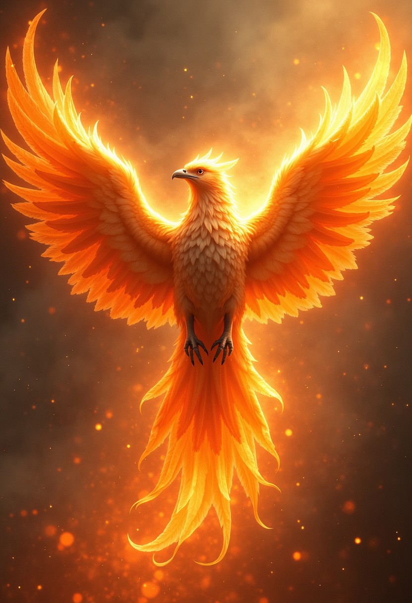 A digital painting in the style of ck-js, photorealistic image of a phoenix, golden and orange plumage, emerging majestically from the flames